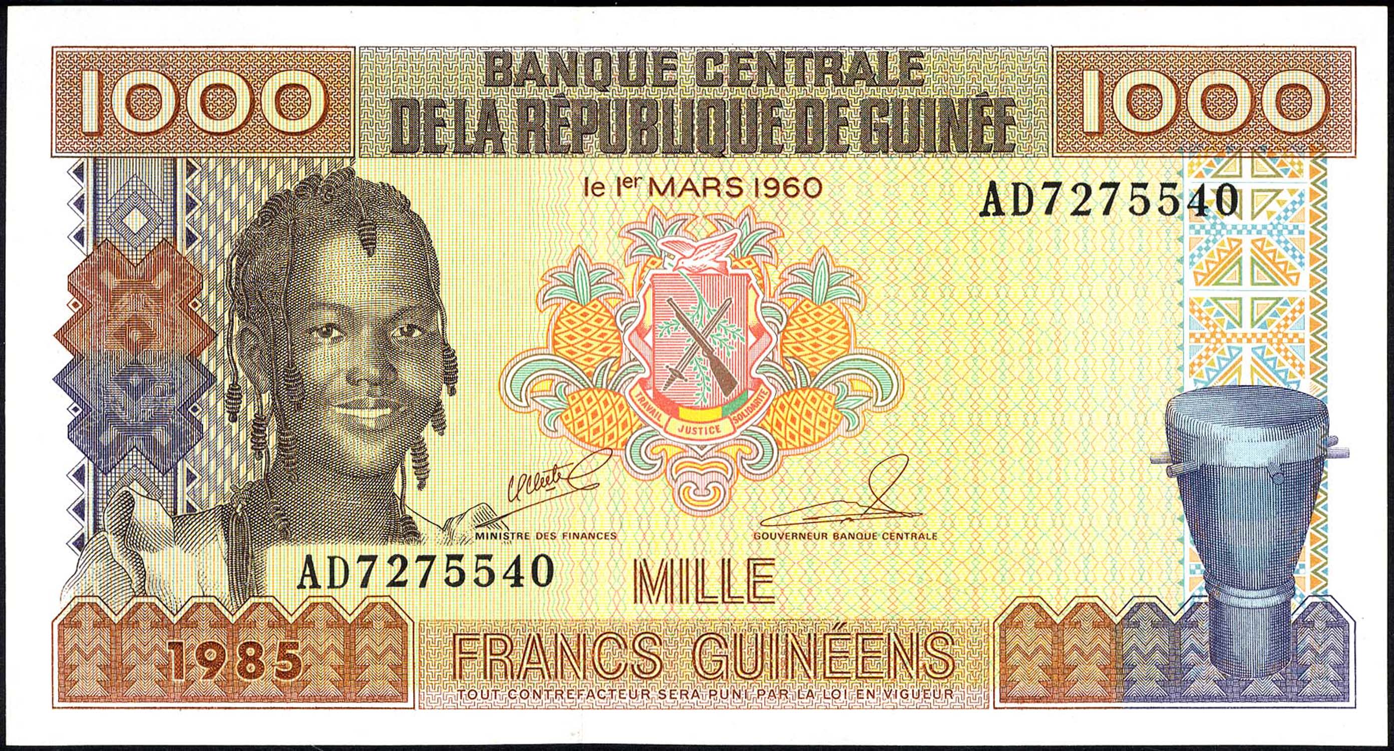 Omamauw - Guinea, P32a, B322a, 1000 Francs 1985, Bradbury, Wilkinson &  Company